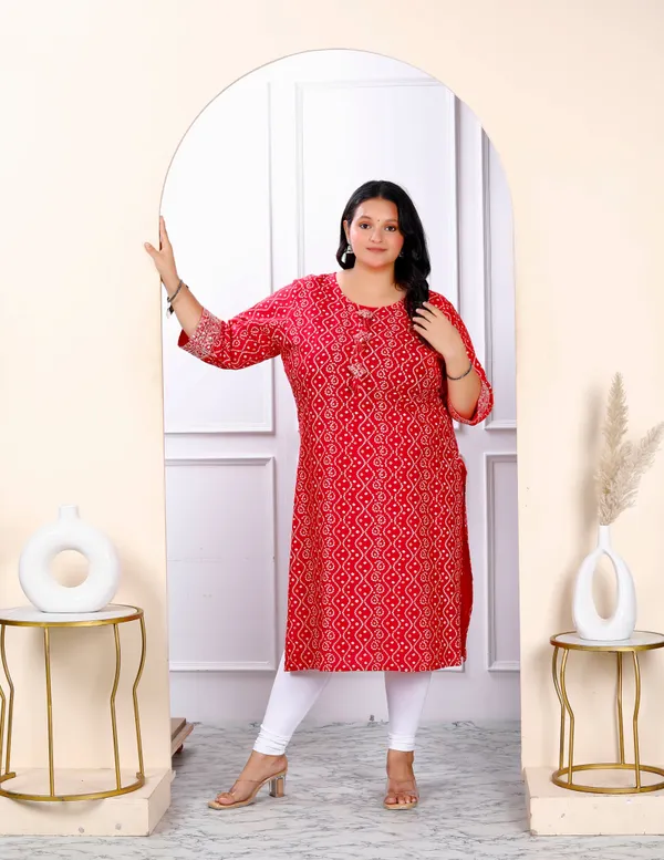 Women's_Plus_Size_Festive_Wear_Red_Bandhani_Printed_Straight_Kurti_-_Doriyan