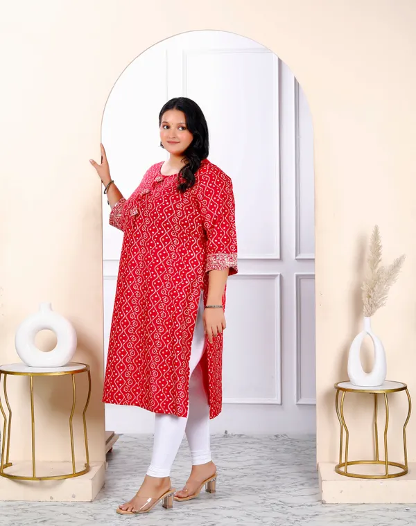 Women's_Plus_Size_Festive_Wear_Red_Bandhani_Printed_Straight_Kurti_-_Doriyan