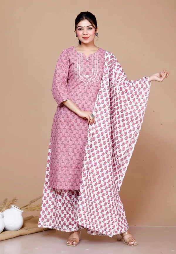 Women'S_Pink_Cotton_Festive_Kurta_With_Flared_Palazzo_&_Dupatta_Set_-_Doriyan