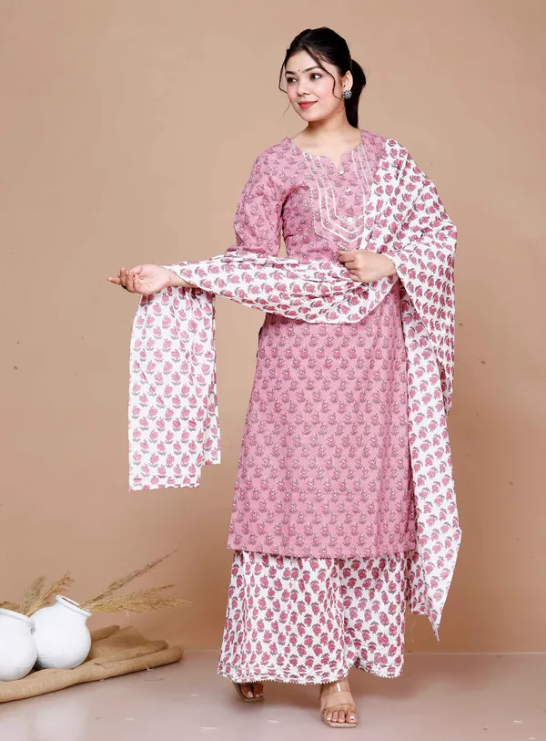 Women'S_Pink_Cotton_Festive_Kurta_With_Flared_Palazzo_&_Dupatta_Set_-_Doriyan