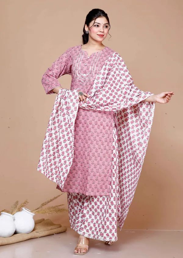 Women'S_Pink_Cotton_Festive_Kurta_With_Flared_Palazzo_&_Dupatta_Set_-_Doriyan