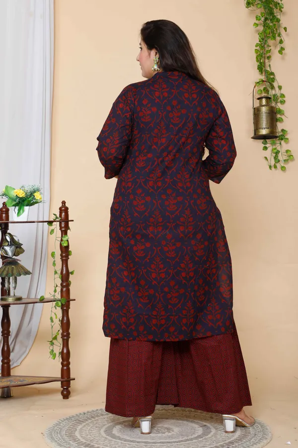 Women's_Plus_Size_Maroon_Floral_Pure_Cotton_Kurta_With_Sharara_-_Doriyan