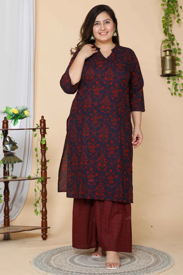 Women's_Plus_Size_Maroon_Floral_Pure_Cotton_Kurta_With_Sharara_-_Doriyan