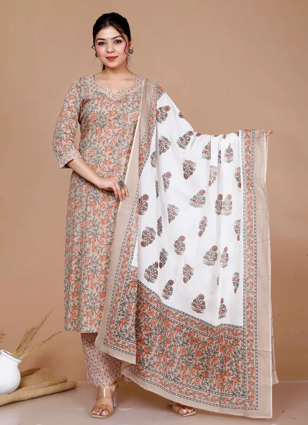 Women'S_Brown_Floral_Printed_Gotta_Patti_Kurta_With_Palazzo_And_Dupatta_Set_-_Doriyan