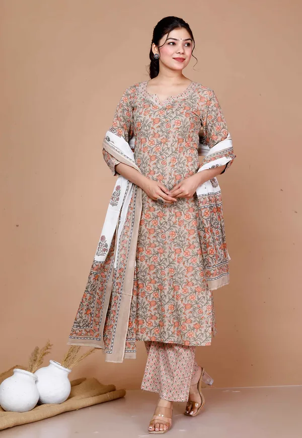 Women'S_Brown_Floral_Printed_Gotta_Patti_Kurta_With_Palazzo_And_Dupatta_Set_-_Doriyan