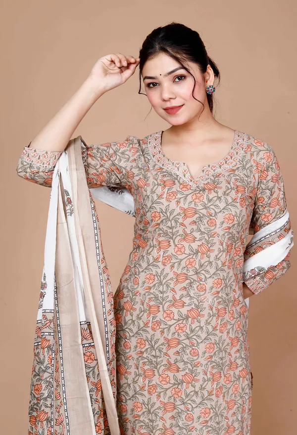 Women'S_Brown_Floral_Printed_Gotta_Patti_Kurta_With_Palazzo_And_Dupatta_Set_-_Doriyan