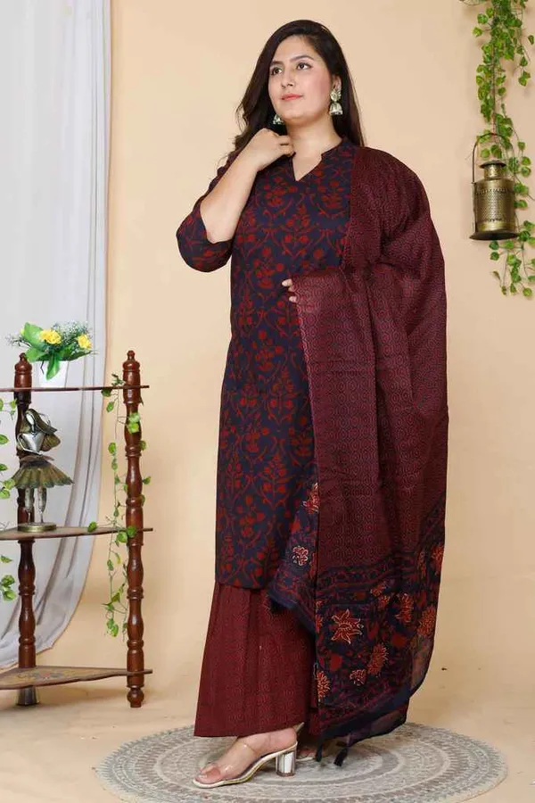 Women's_Maroon_Plus_Size_Floral_Pure_Cotton_Kurta_With_ShararaÃ‚_And_Dupatta_Set_-_Doriyan
