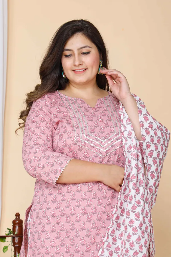 Women's_Plus_Size_Pink_Floral_Printed_Gotta_Patti_Pure_Cotton_Kurta_With_Palazzo_&_Dupatta_Set_-_Doriyan
