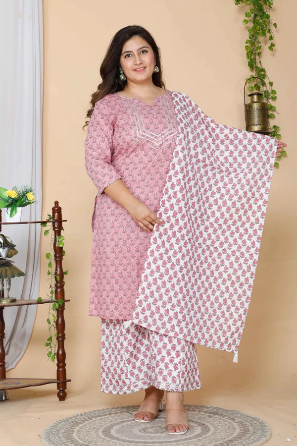 Women's_Plus_Size_Pink_Floral_Printed_Gotta_Patti_Pure_Cotton_Kurta_With_Palazzo_&_Dupatta_Set_-_Doriyan