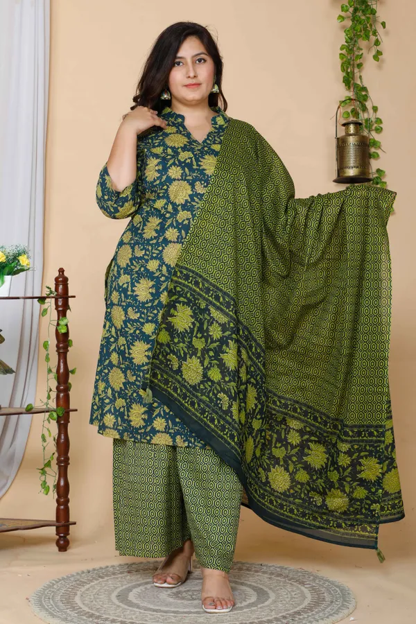 Women's_Plus_Size_Green_Floral_Printed_Cotton_Kurta_With_Sharara_&_Dupatta_Set_-_Doriyan