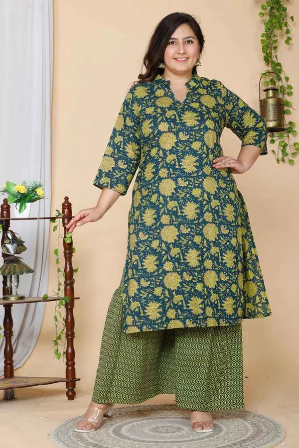 Women's_Plus_Size_Green_Floral_Pure_Cotton_Kurta_With_Sharara_-_Doriyan