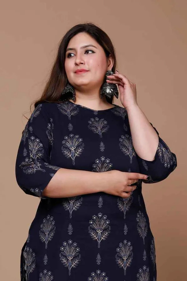 Women's_Plus_Size_Navy_Blue_Printed_Pure_Cotton_Kurta_With_Sharara_-_Doriyan