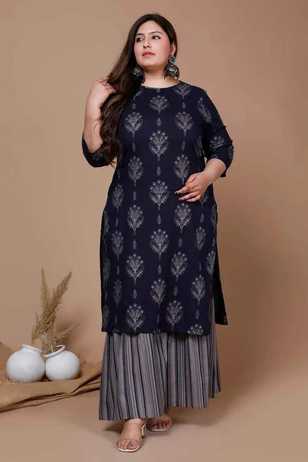 Women's_Plus_Size_Navy_Blue_Printed_Pure_Cotton_Kurta_With_Sharara_-_Doriyan