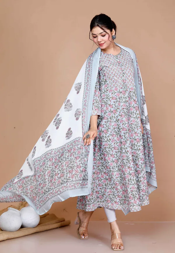 Women'S_Blue_Printed_With_Gota_Patti_Work_Anarkali_Kurta_With_Dupatta_-_Doriyan