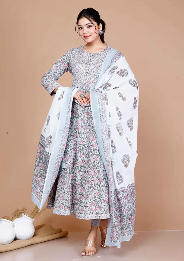 Women'S_Blue_Printed_With_Gota_Patti_Work_Anarkali_Kurta_With_Dupatta_-_Doriyan