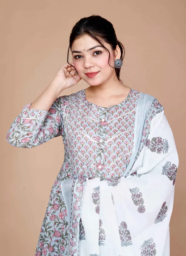 Women'S_Blue_Printed_With_Gota_Patti_Work_Anarkali_Kurta_With_Dupatta_-_Doriyan