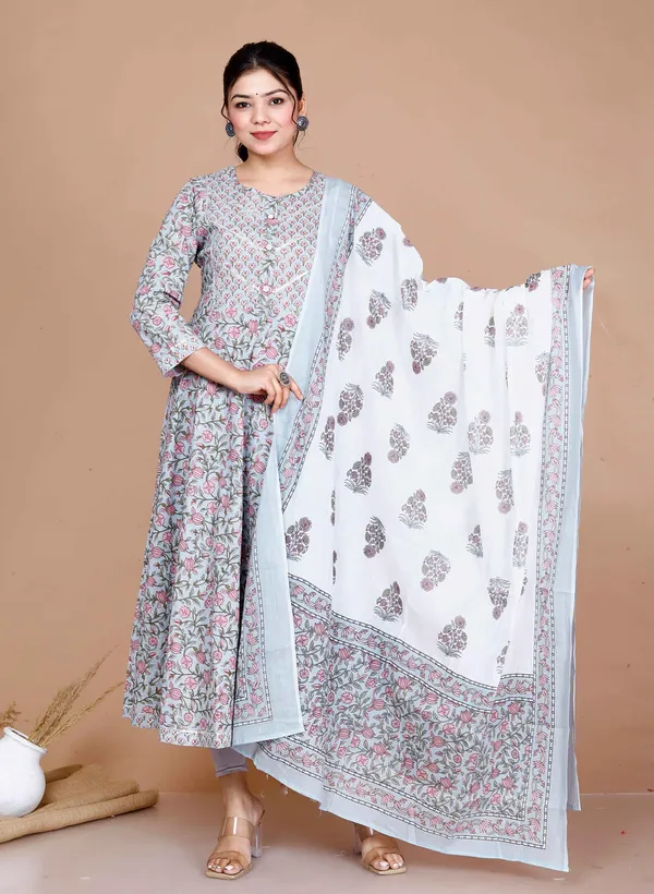 Women'S_Blue_Printed_With_Gota_Patti_Work_Anarkali_Kurta_With_Dupatta_-_Doriyan