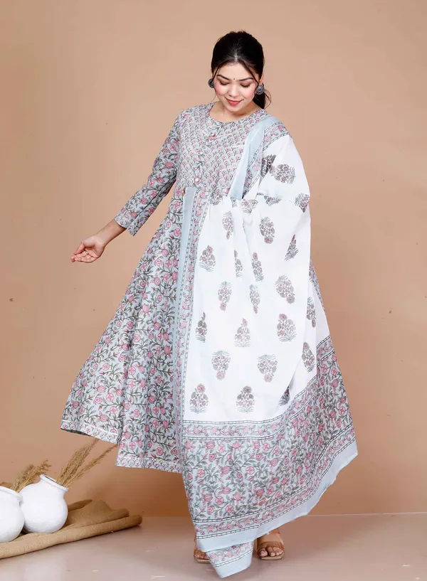 Women'S_Blue_Printed_With_Gota_Patti_Work_Anarkali_Kurta_With_Dupatta_-_Doriyan