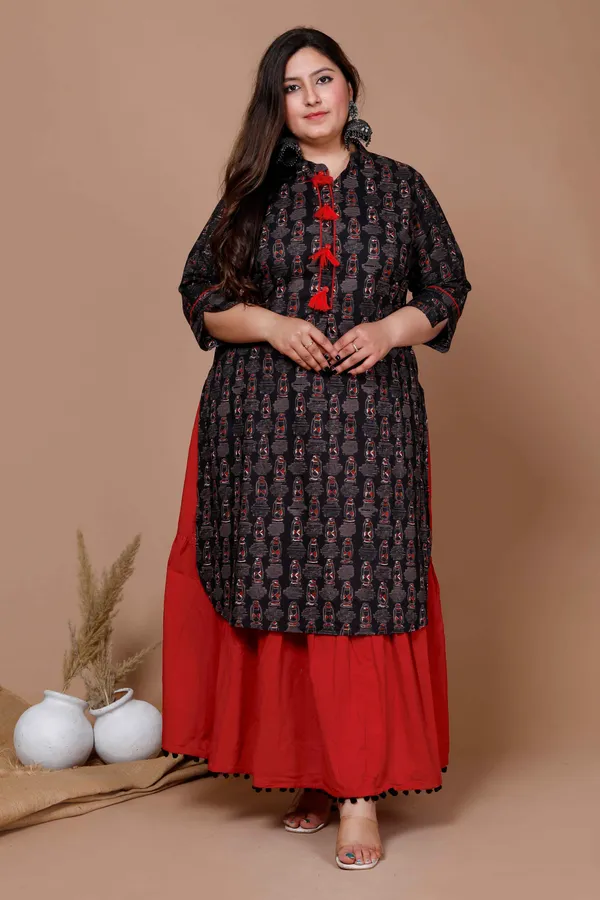 Women's_Plus_Size_Black_Printed_Pure_Cotton_Kurta_With_Skirt_-_Doriyan