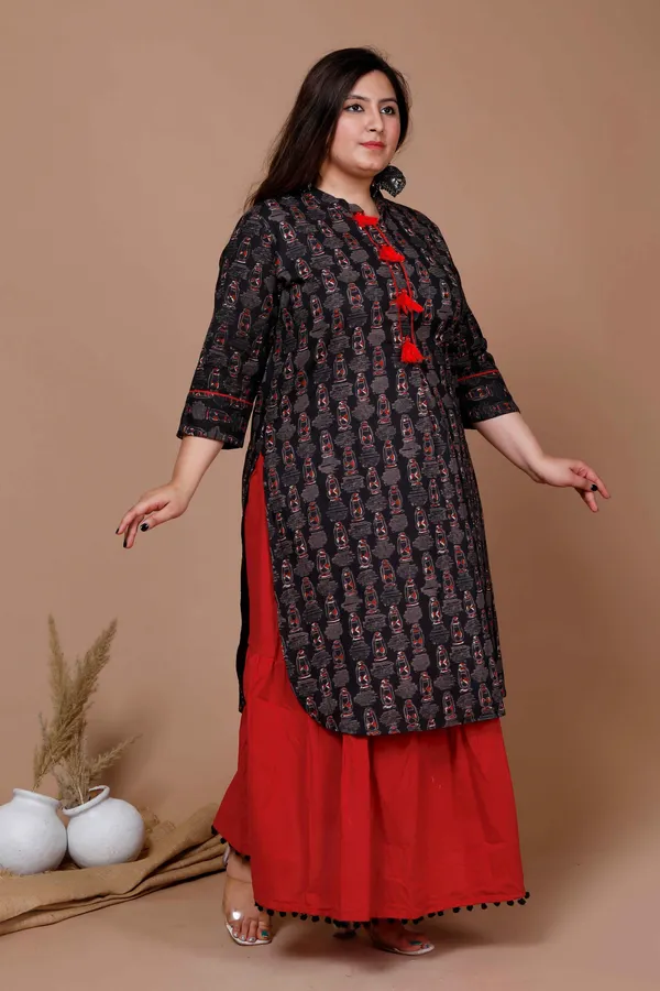 Women's_Plus_Size_Black_Printed_Pure_Cotton_Kurta_With_Skirt_-_Doriyan