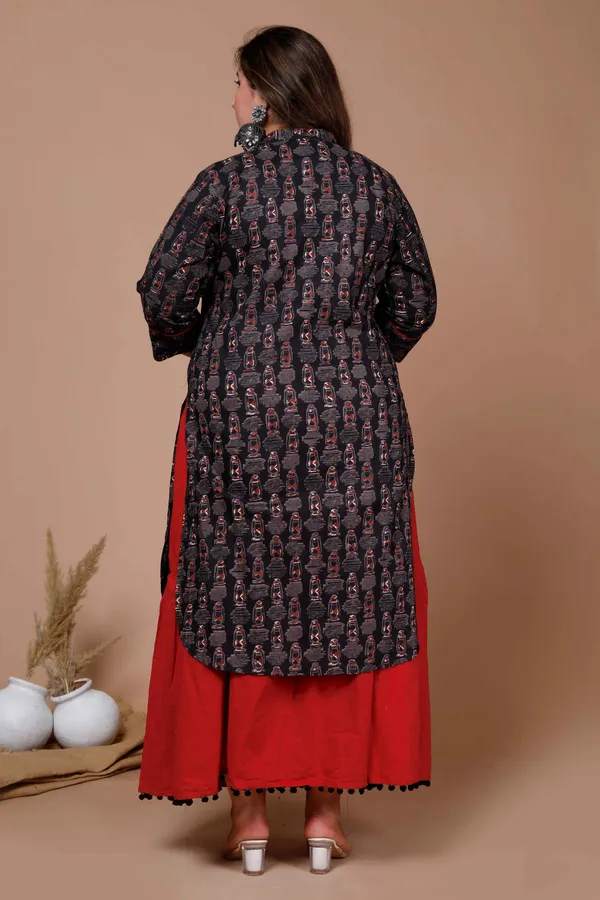 Women's_Plus_Size_Black_Printed_Pure_Cotton_Kurta_With_Skirt_-_Doriyan