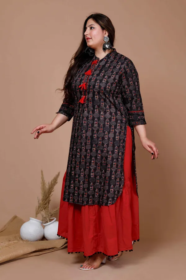 Women's_Plus_Size_Black_Printed_Pure_Cotton_Kurta_With_Skirt_-_Doriyan
