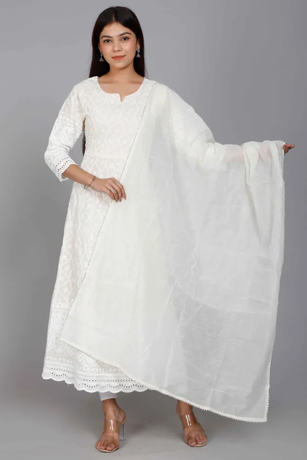 Women's_Plus_Size_Beige_Chikankari_Thread_Work_Anarkali_Kurta_With_Dupatta_-_Doriyan