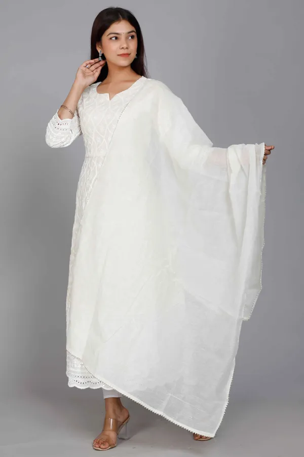 Women's_Plus_Size_Beige_Chikankari_Thread_Work_Anarkali_Kurta_With_Dupatta_-_Doriyan
