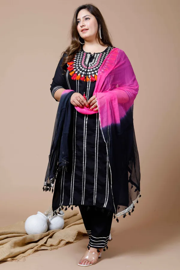 Women's_Plus_Size_Black_Embroidered_Straight_Kurta_And_Palazzo_With_Dupatta_Set_-_Doriyan