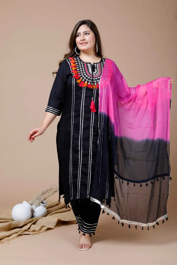 Women's_Plus_Size_Black_Embroidered_Straight_Kurta_And_Palazzo_With_Dupatta_Set_-_Doriyan