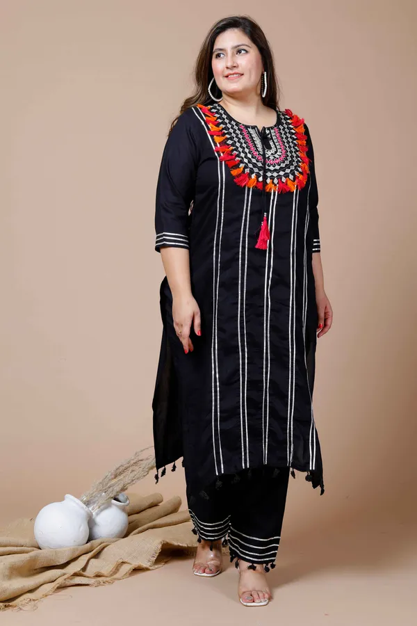 Women's_Plus_Size_Black_Embroidered_Straight_Kurta_And_Palazzo_With_Dupatta_Set_-_Doriyan