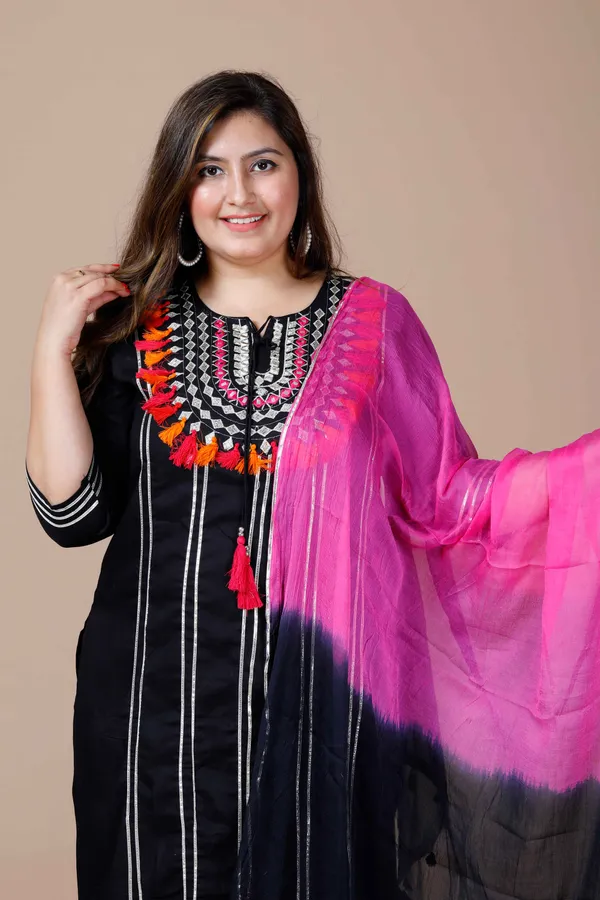 Women's_Plus_Size_Black_Embroidered_Straight_Kurta_And_Palazzo_With_Dupatta_Set_-_Doriyan