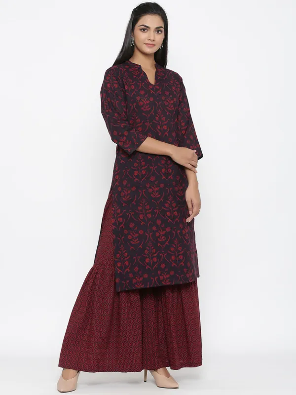 Women's_Maroon_Cotton_Floral_Print_Straight_Kurta_Sharara_Set_-_Doriyan