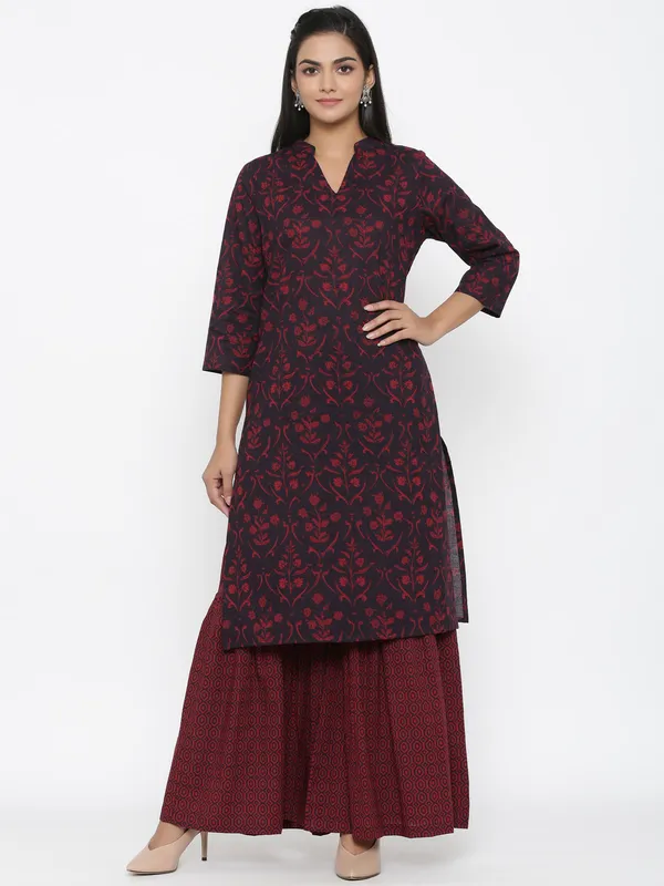 Women's_Maroon_Cotton_Floral_Print_Straight_Kurta_Sharara_Set_-_Doriyan