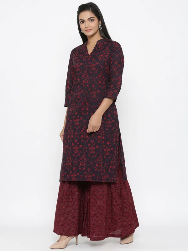 Women's_Maroon_Cotton_Floral_Print_Straight_Kurta_Sharara_Set_-_Doriyan