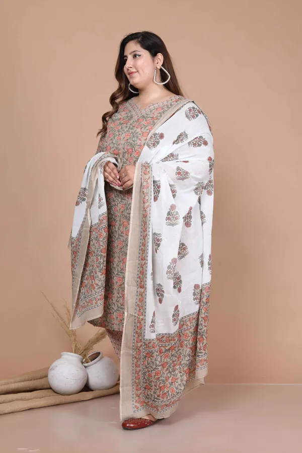 Women's_Plus_Size_Brown_Floral_Printed_Gotta_Patti_Pure_Cotton_Kurta_With_Palazzo_And_Dupatta_Set_-_Doriyan