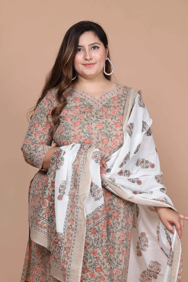 Women's_Plus_Size_Brown_Floral_Printed_Gotta_Patti_Pure_Cotton_Kurta_With_Palazzo_And_Dupatta_Set_-_Doriyan