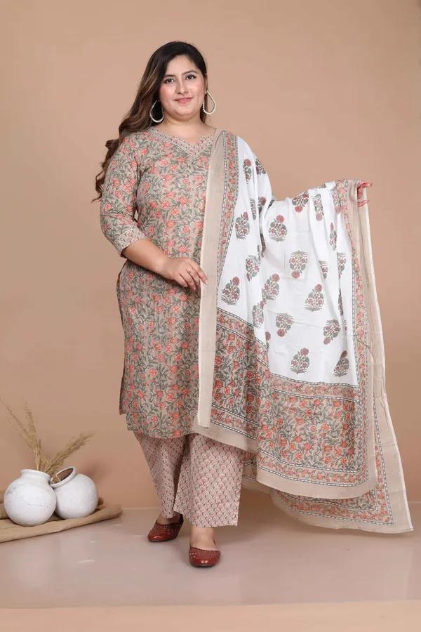 Women's_Plus_Size_Brown_Floral_Printed_Gotta_Patti_Pure_Cotton_Kurta_With_Palazzo_And_Dupatta_Set_-_Doriyan