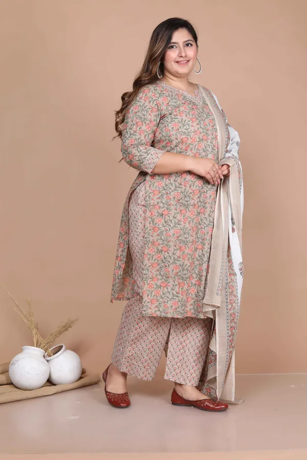 Women's_Plus_Size_Brown_Floral_Printed_Gotta_Patti_Pure_Cotton_Kurta_With_Palazzo_And_Dupatta_Set_-_Doriyan