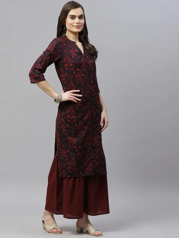 Women's_Maroon_Cotton_Floral_Print_Straight_Kurta_Sharara_And_Dupatta_Set_-_Doriyan