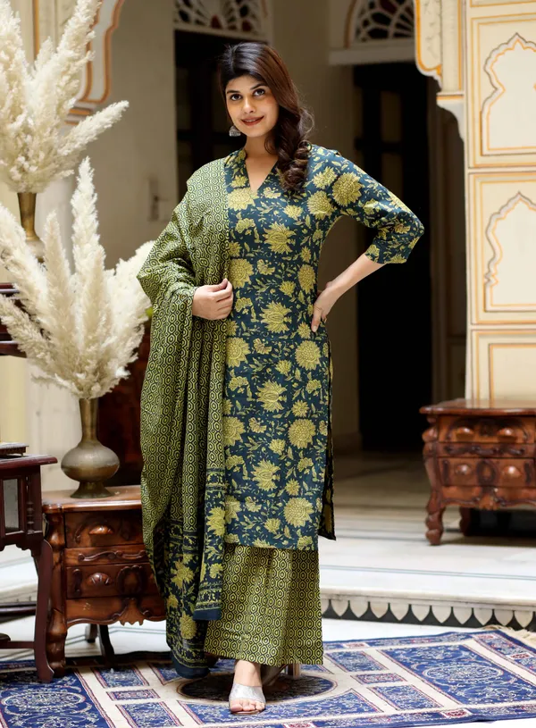 Women's_Green_Cotton_Floral_Straight_Kurta_&_Sharara_With_Dupatta_Set_-_Doriyan