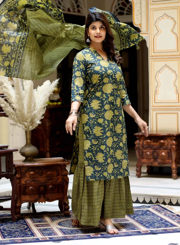 Women's_Green_Cotton_Floral_Straight_Kurta_&_Sharara_With_Dupatta_Set_-_Doriyan