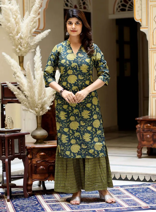 Women's_Green_&_Yellow_Floral_Printed_Pure_Cotton_Kurta_With_Sharara_-_Doriyan