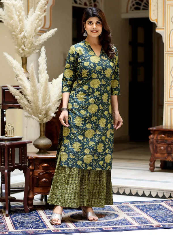 Women's_Green_&_Yellow_Floral_Printed_Pure_Cotton_Kurta_With_Sharara_-_Doriyan