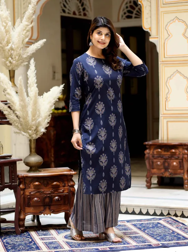 Women's_Blue_&_Grey_Printed_Pure_Cotton_Kurta_With_Sharara_-_Doriyan