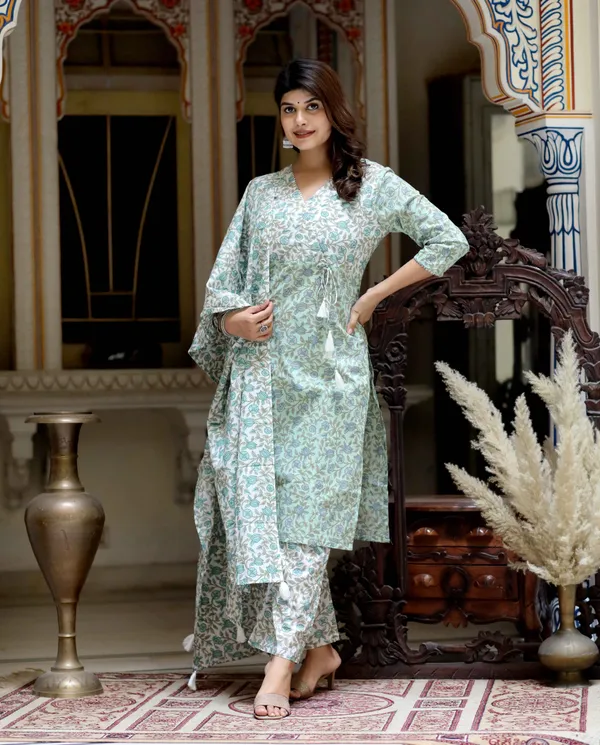 Women's_Green_Floral_Printed_Angrakha_Pure_Cotton_Kurta_With_Palazzo_&_Dupatta_Set_-_Doriyan