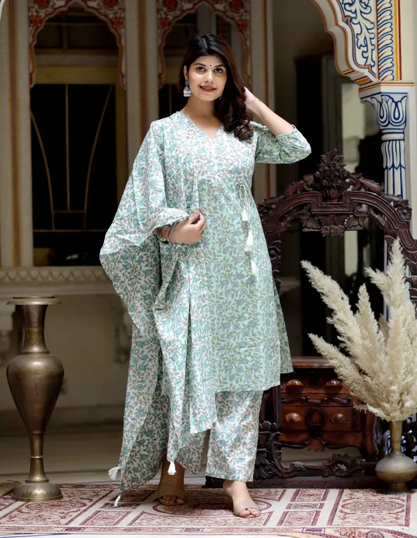 Women's_Green_Floral_Printed_Angrakha_Pure_Cotton_Kurta_With_Palazzo_&_Dupatta_Set_-_Doriyan