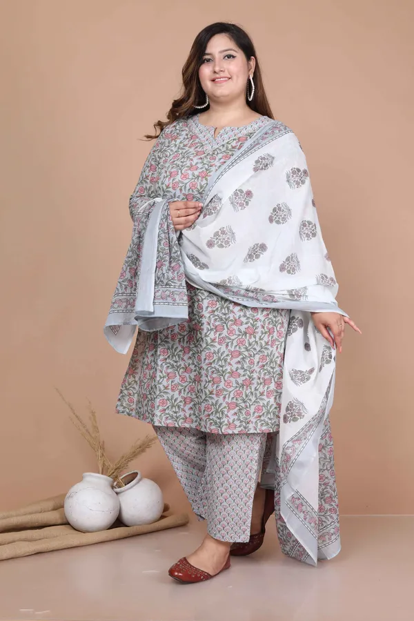 Women's_Plus_Size_Blue_Floral_Printed_Gota_Patti_Cotton_Kurta_With_Palazzo_And_Dupatta_Set_-_Doriyan