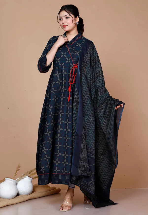 Women'S_Abstract_Printed_&_Tasseles_Angrakha_Kurta_With_Blue_Dupatta_Set_-_Doriyan