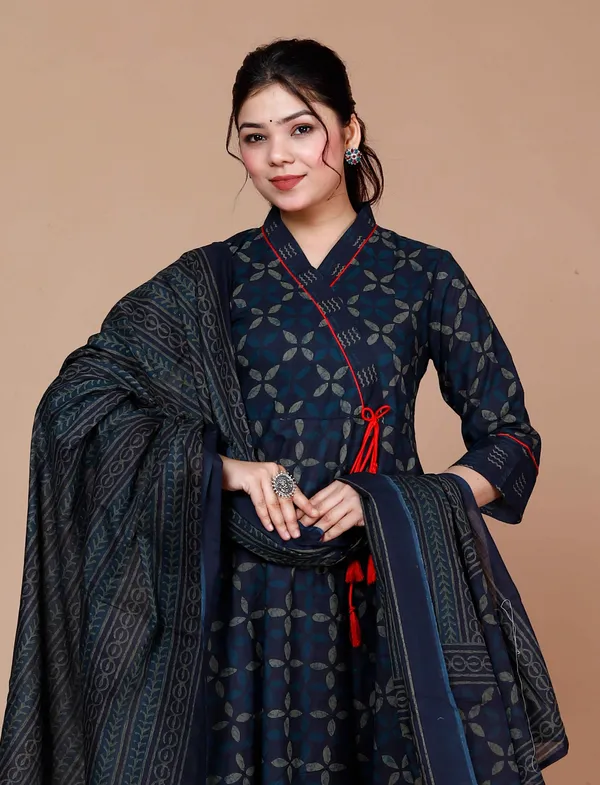 Women'S_Abstract_Printed_&_Tasseles_Angrakha_Kurta_With_Blue_Dupatta_Set_-_Doriyan